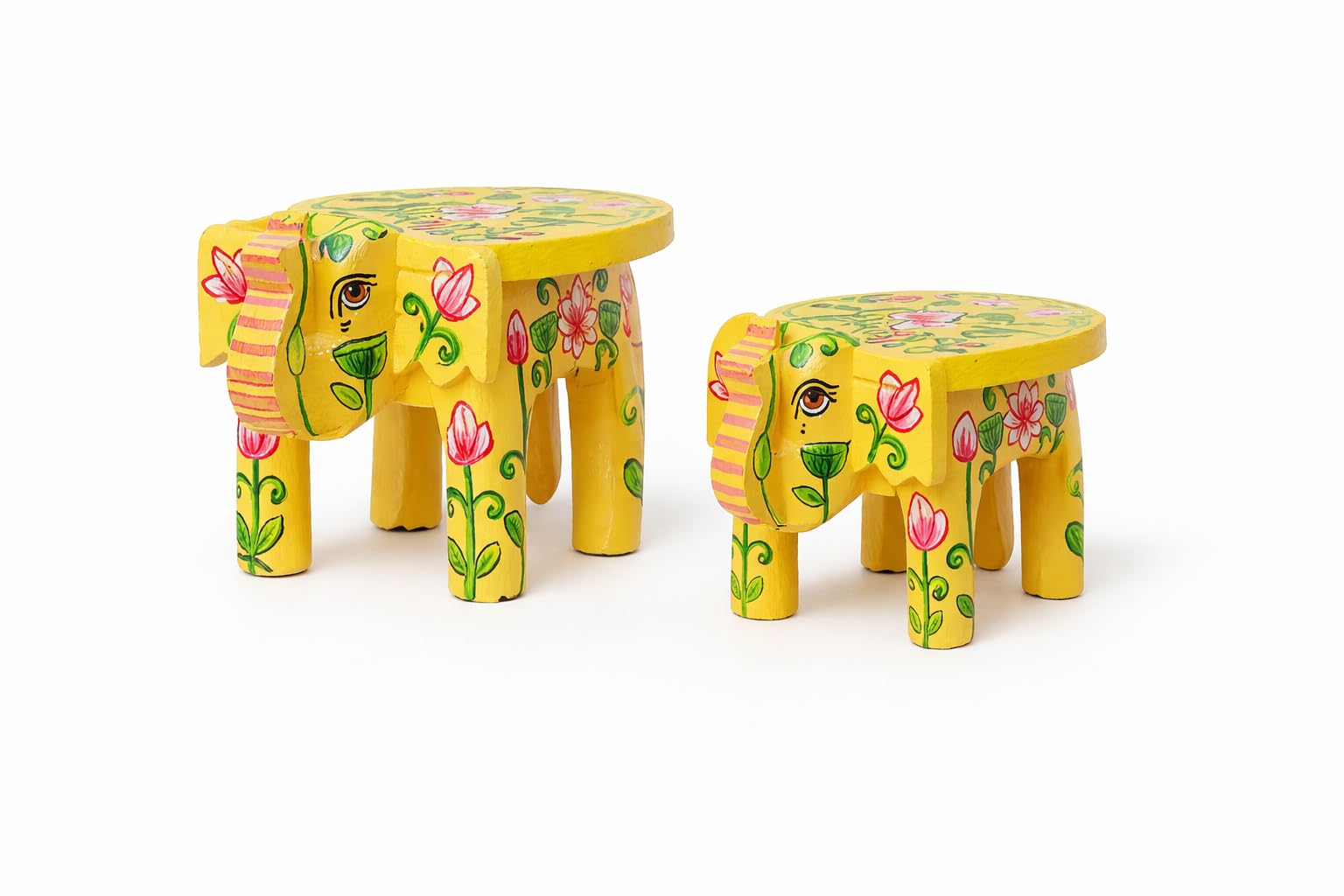 Handcrafted Wooden Mini Elephant Maharaja Blue Stool - Set of 2 | Decorative Traditional Indian Style/Hand-Painted Mandala Design. Height 4 inch. Home Decoration (Yellow)-image-47
