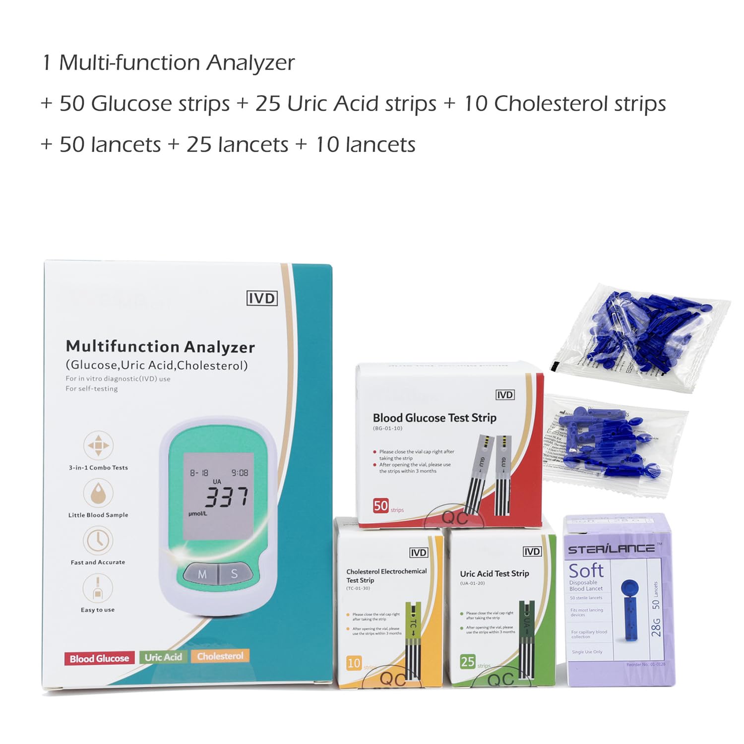 Kit di Test per Il Benessere Domestico 3 in 1, Set per Il Monitoraggio di Acido Urico, Glucosio E Colesterolo con Strisce Reattive, 500 Memorie, Rilevamento Accurato, per Uso Clinico E