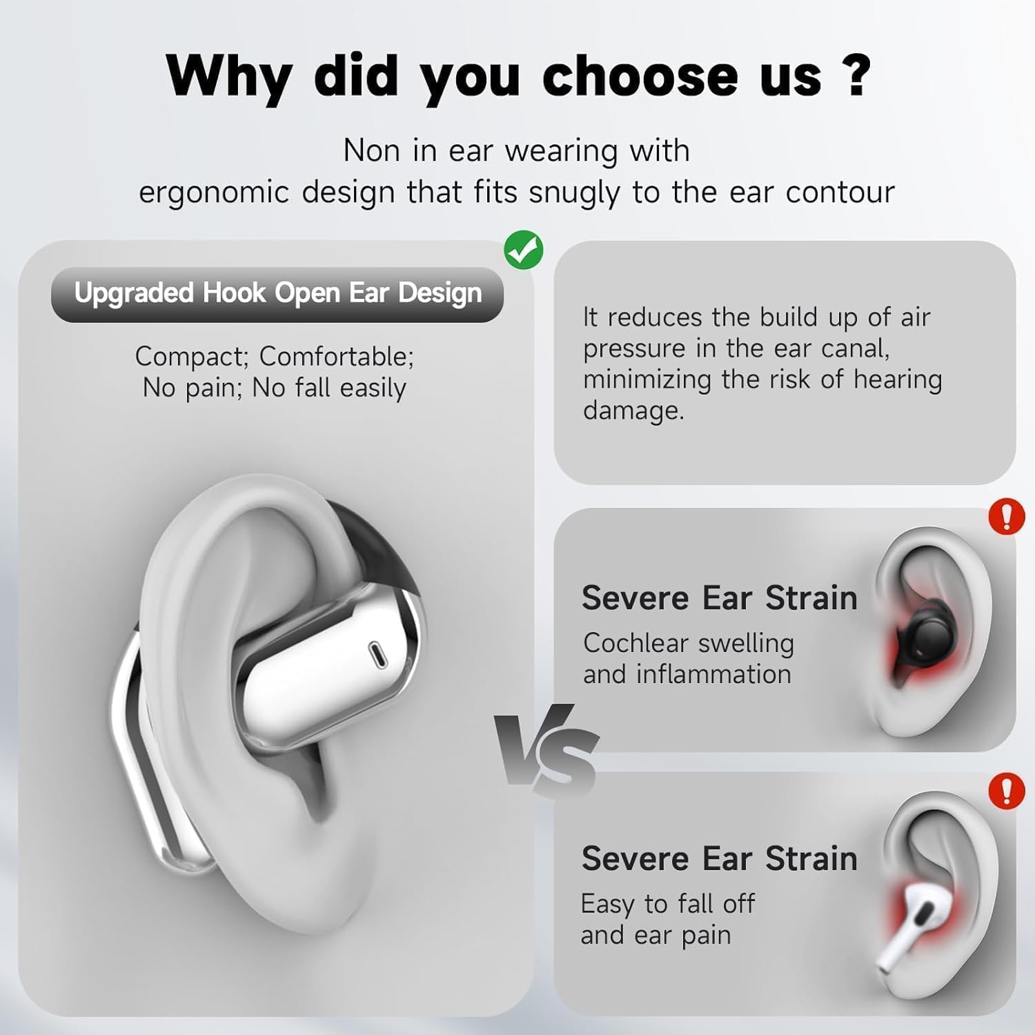 Auricolari aperti wireless Bluetooth 5.4, cuffie touch screen intelligenti, 50 ore di riproduzione, gancio per l'orecchio ergonomico, microfono integrato, custodia di ricarica con display a
