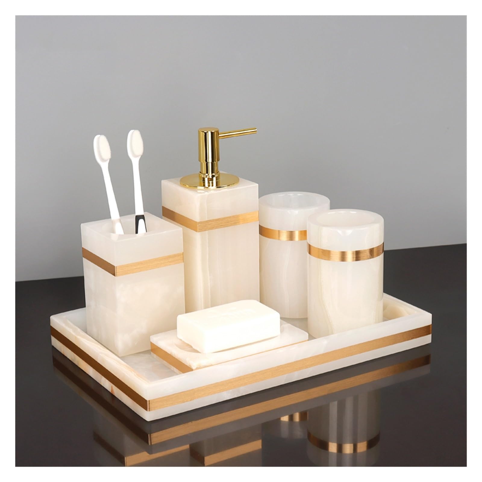 Manguera De Ducha Accesorios de baño mármol natural blanco Dispensador jabón lujo dorado Soporte for hisopos algodón for cepillo dientes Juego(Aromatherapy bottle)