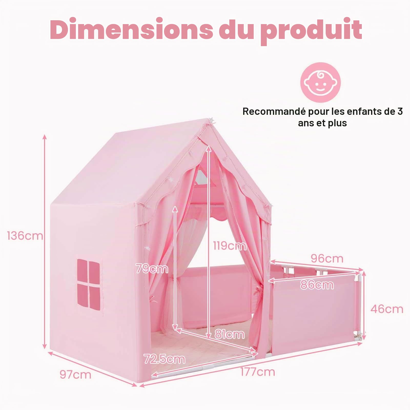 HOMASIS 2 en 1 Tente Enfants avec Enclos, Tente de Jeu avec Fenêtres, Lumières Étoilées et Tapis, pour Les Enfants de 3 Ans et Plus (Rose)