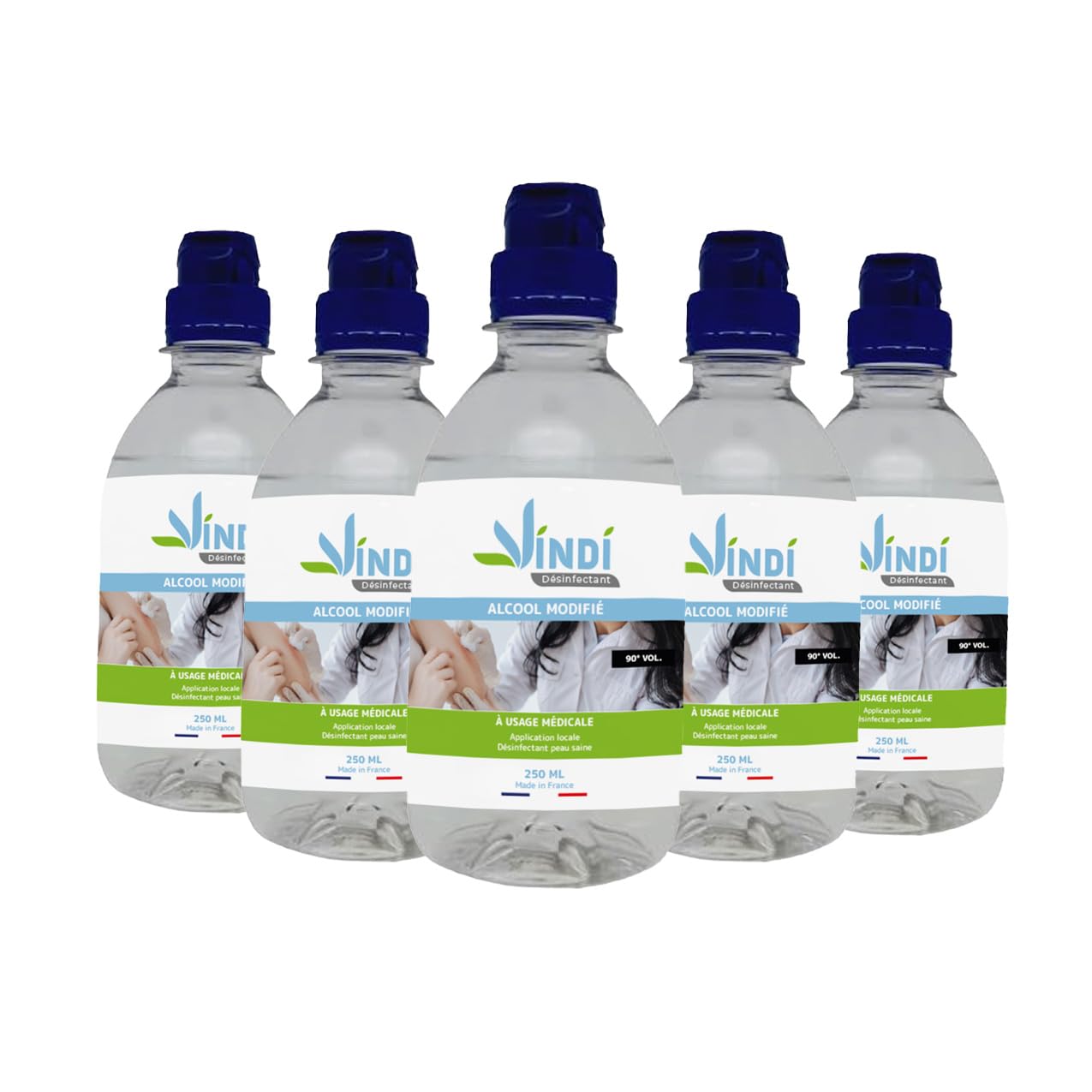 Vindi Désinfectant Alcool modifié 90°- lot de 5 Flacons de 250ml - Fabrication Française - Désinfection peau saine et ustensiles médicaux