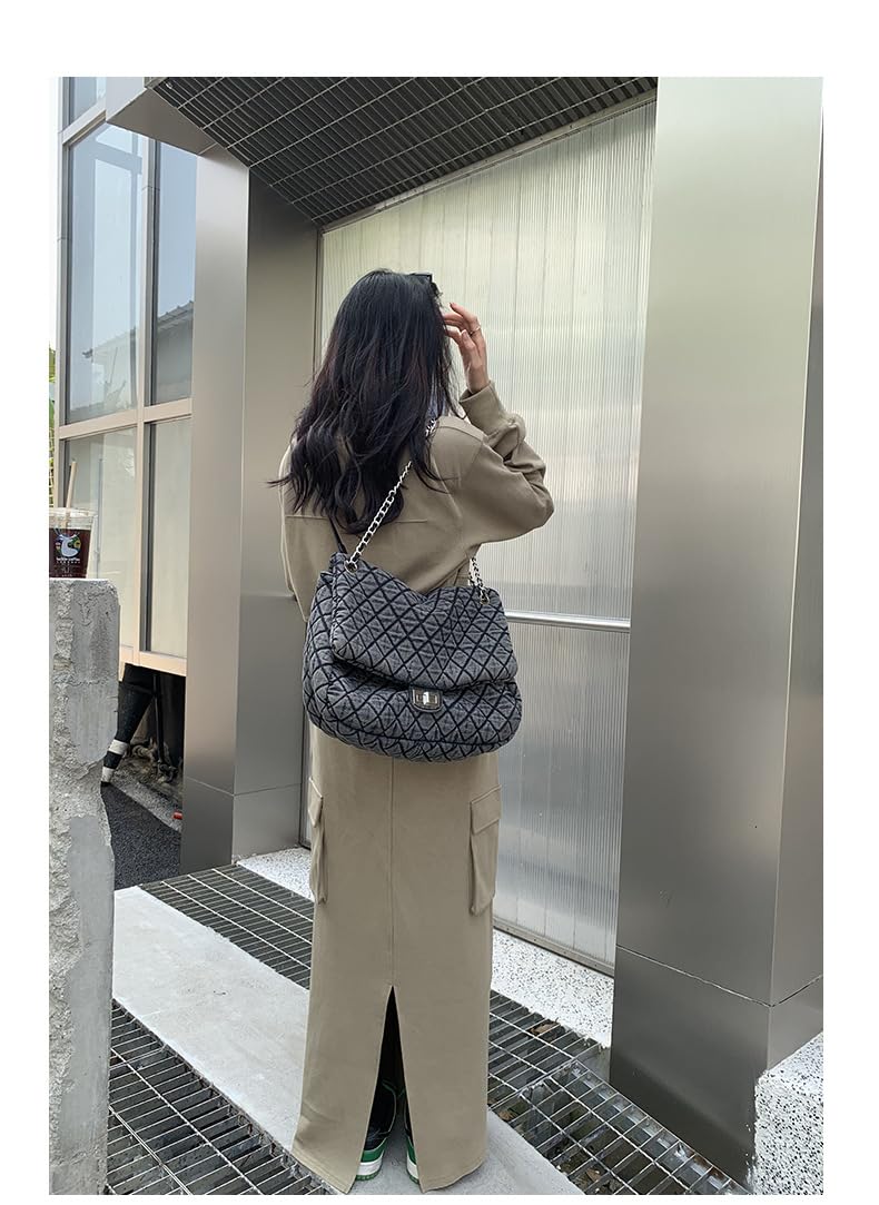 Borsa da donna grigia casual con motivo a scacchi di diamanti denim retrò moda monospalla