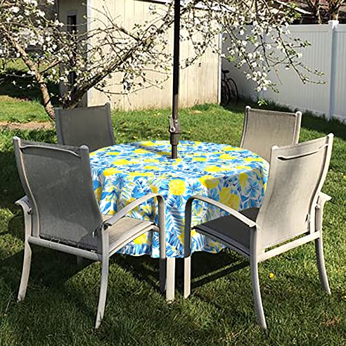 Twlear Outdoor Tablecloth With Umbrella Hole And Zipper, Round Table Cloth 60 Inch, Patio Table Covers For Spring, Summer, Party, Backyard, Picnic, Bbqs, Lemon Blossom Blue #TOP6