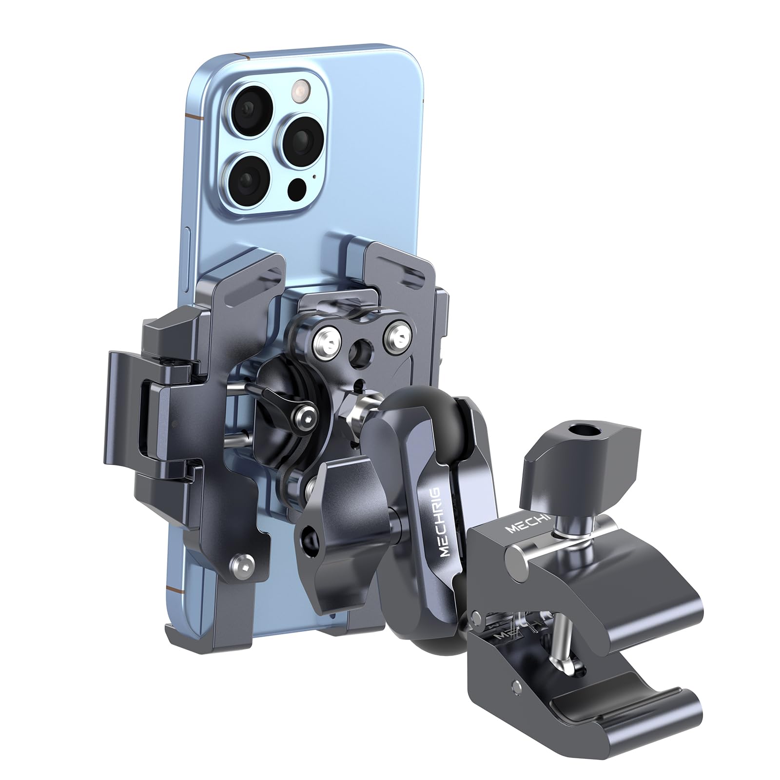 QX002 Support de téléphone pour moto avec amortisseur de vibrations (comprend une super pince + bras double prise + support de téléphone tout en un) réglable à 360 ° et support de téléphone en