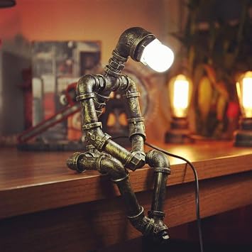 Creative Iron Robot Table Lamp Retro Industrial Table Lights Water Pipes Robot Steampunk Desktop Desk Lamps for Living Room Bedroom Office Bedside Lighting