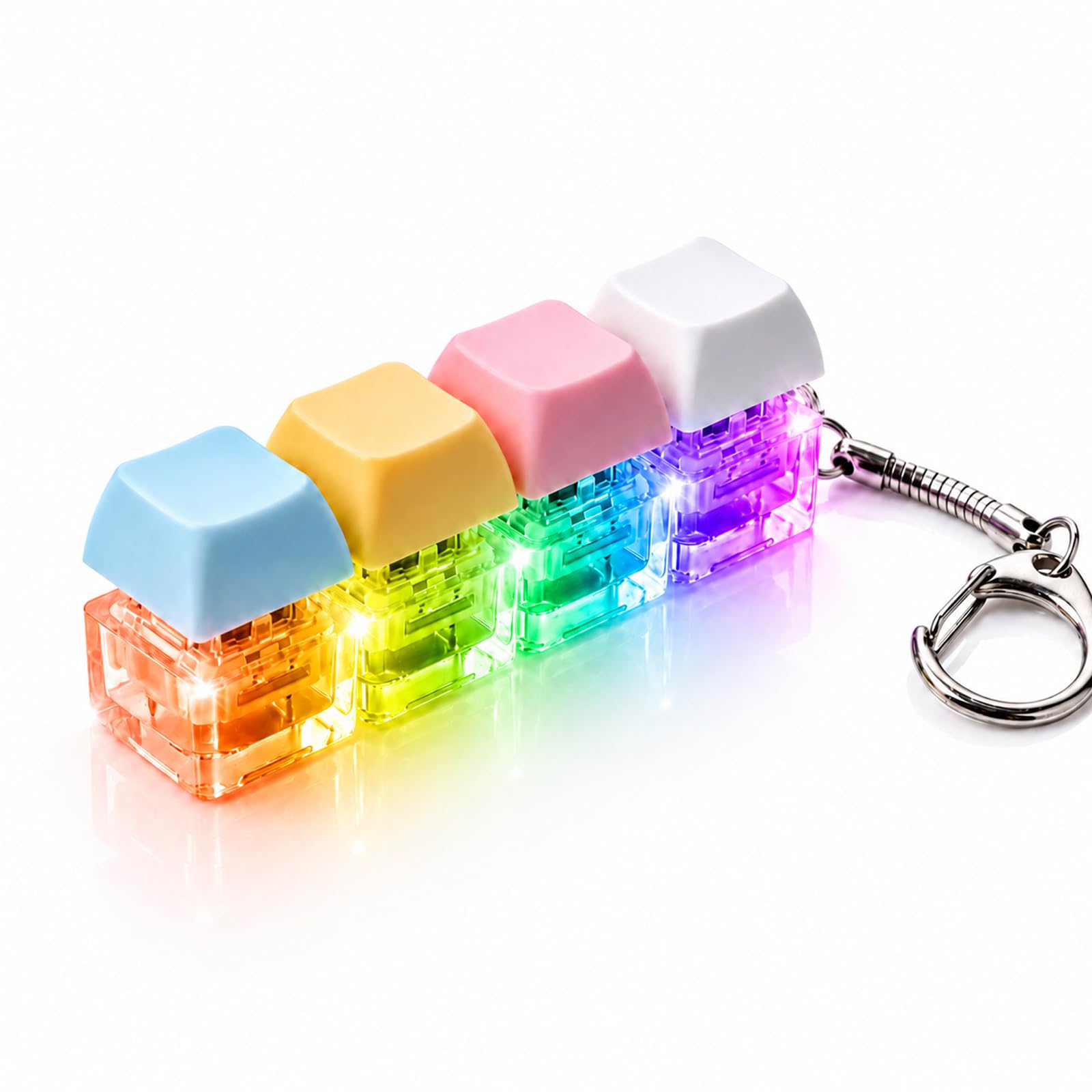 Four-Key Tactile Clicker Keychain with Light, Portable Keyboard-Style Button Keyring for Adults, Desk Focus Accessory, Everyday Carry Stress Relief Clicker for Bags, Keys & Backpacks (Set A)