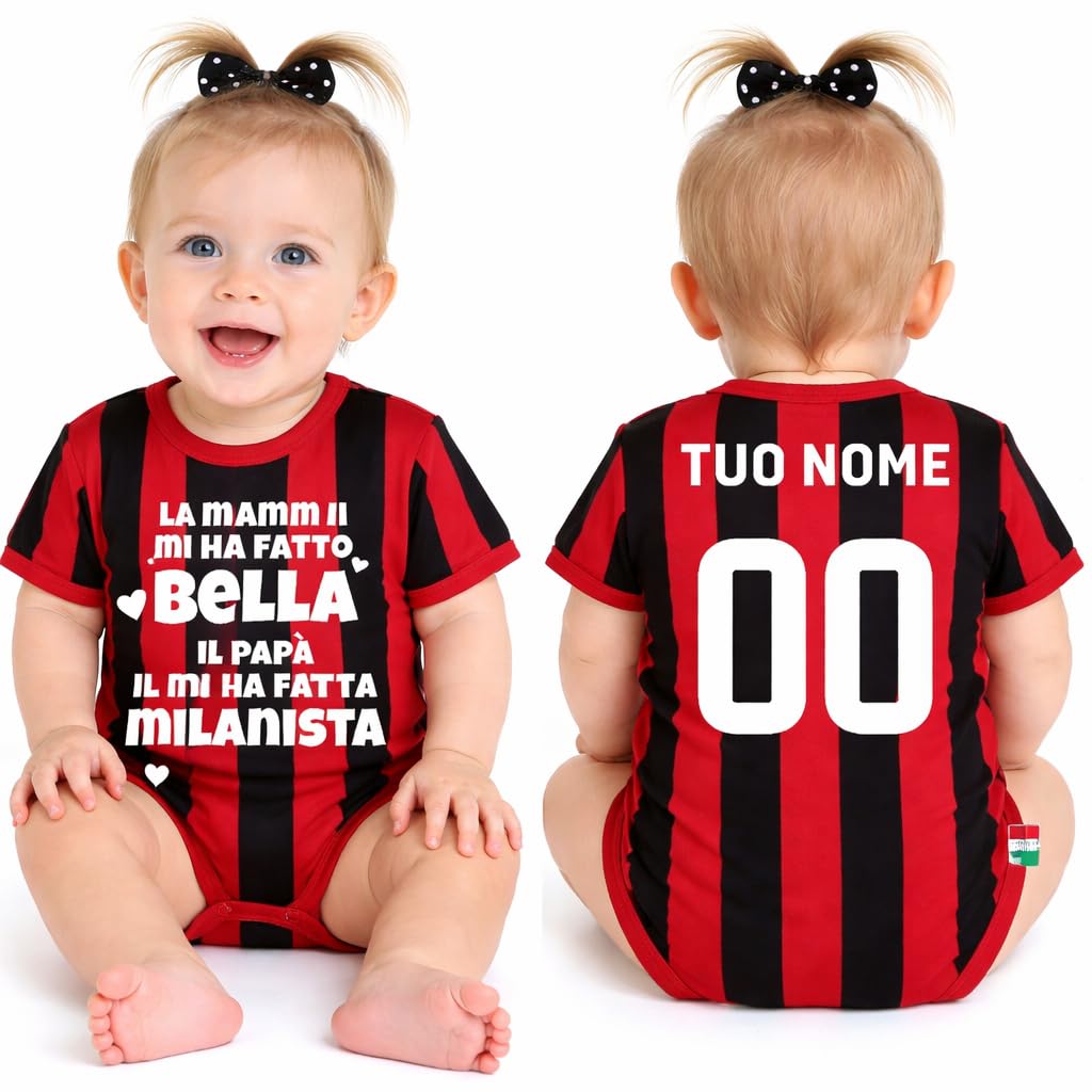 Body Rosso Nero Mamma Mi ha fatto bello (o bella), Papa' Mi Ha Fatto Milanista | Personalizzato Con Nome e Numero PS 32772-010
