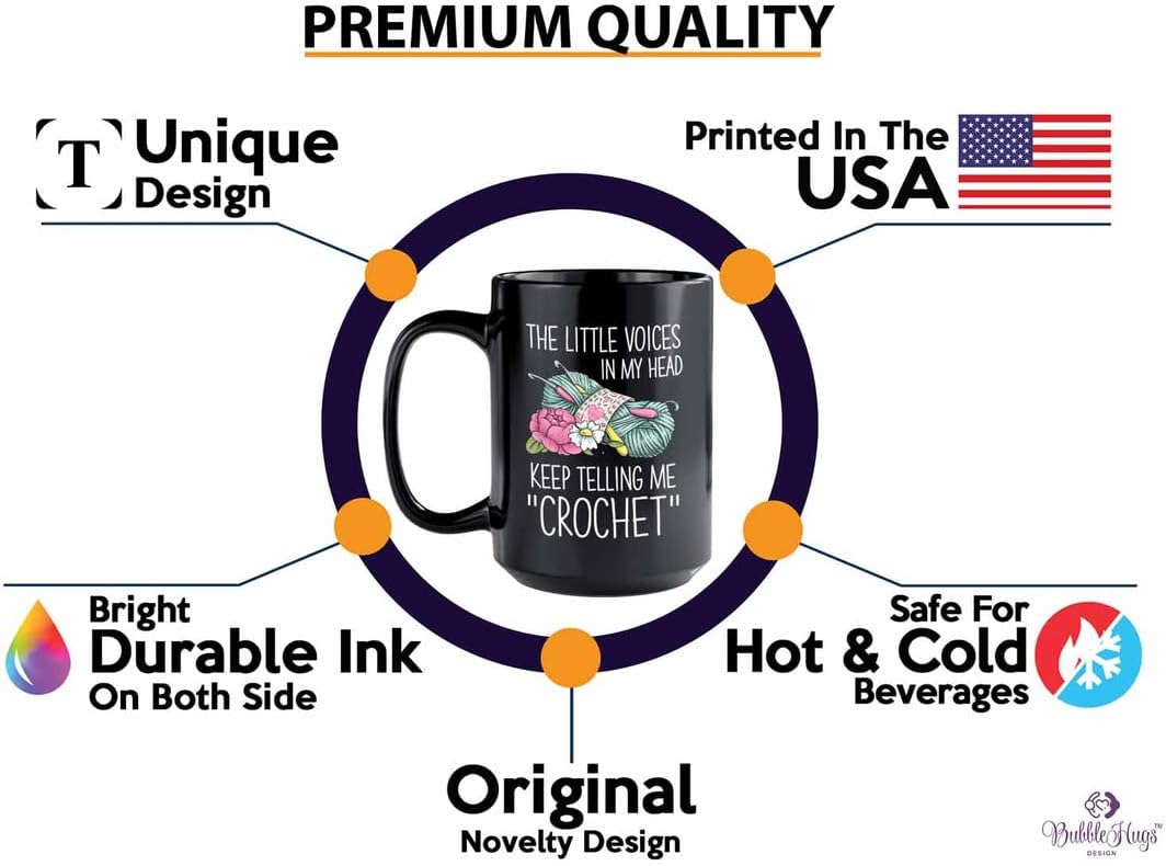 Crochet Coffee Mug 15oz Black - Little Voices Crochet C - Grandma Knitting Handmade Yarn Hobbies Craft Mother Sewing Doll Stitching