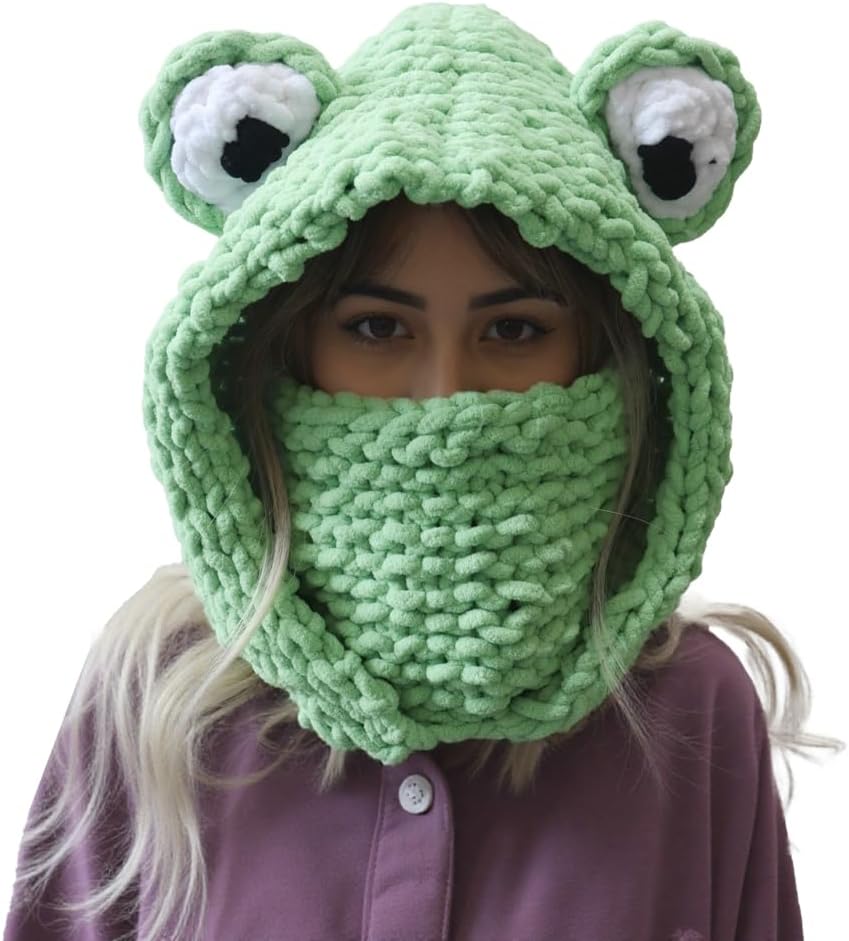 URAWOW Frog Bear Balaclava Face Mask Men Women Winter Crochet Knit Hat Neck Warmer Cute Animal Ears Hooded Cosplay Halloween