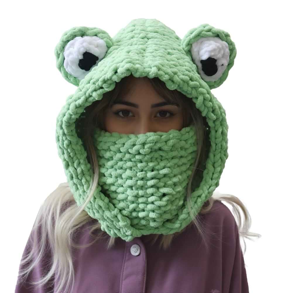 URAWOW Frog Bear Balaclava Face Mask Men Women Winter Crochet Knit Hat Neck Warmer Cute Animal Ears Hooded Cosplay Halloween Green