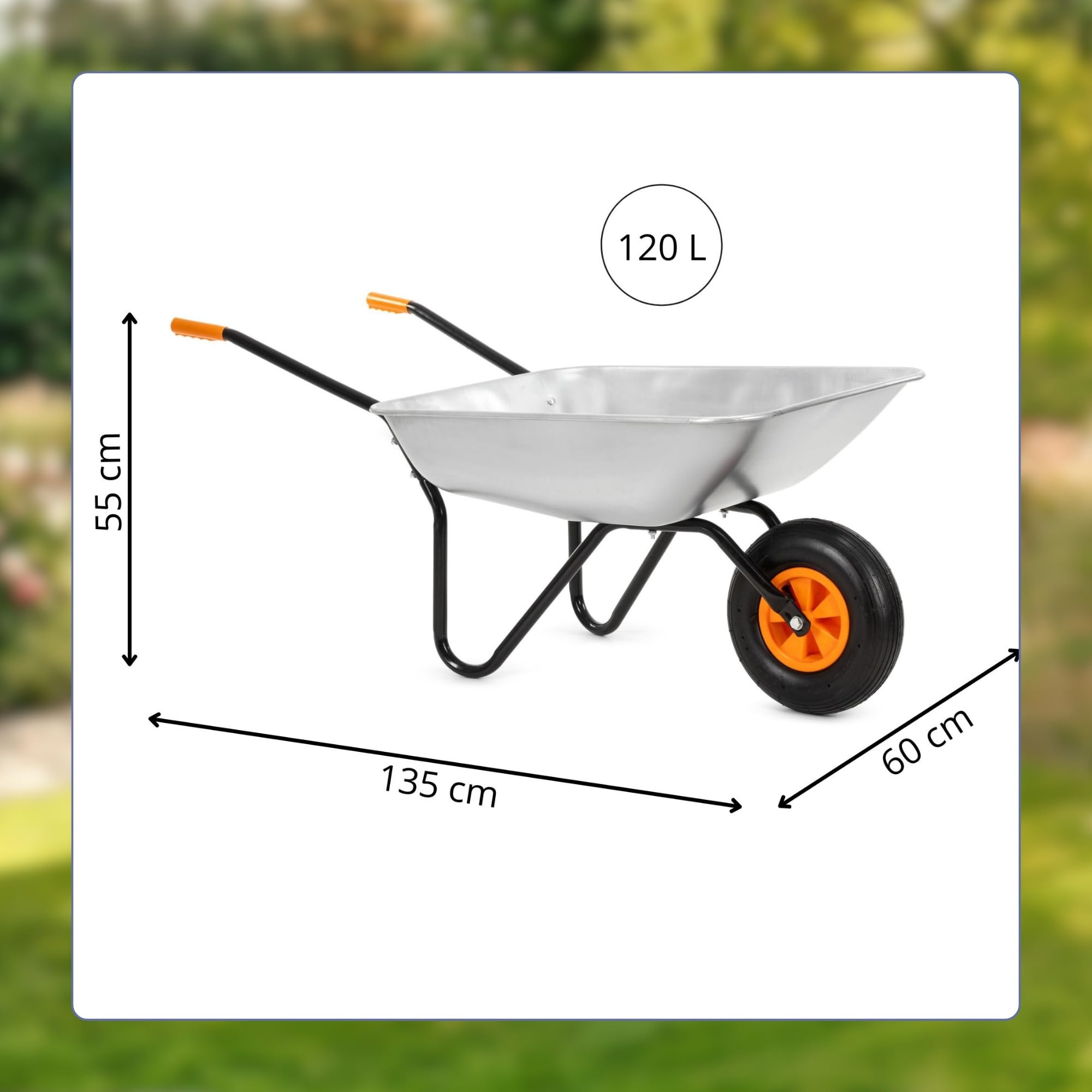 Springos Carretilla de 120 l con neumáticos de aire y bandeja de acero galvanizado, capacidad de carga de hasta 100 kg, para jardín, construcción, patio, taller, color plateado y naranja