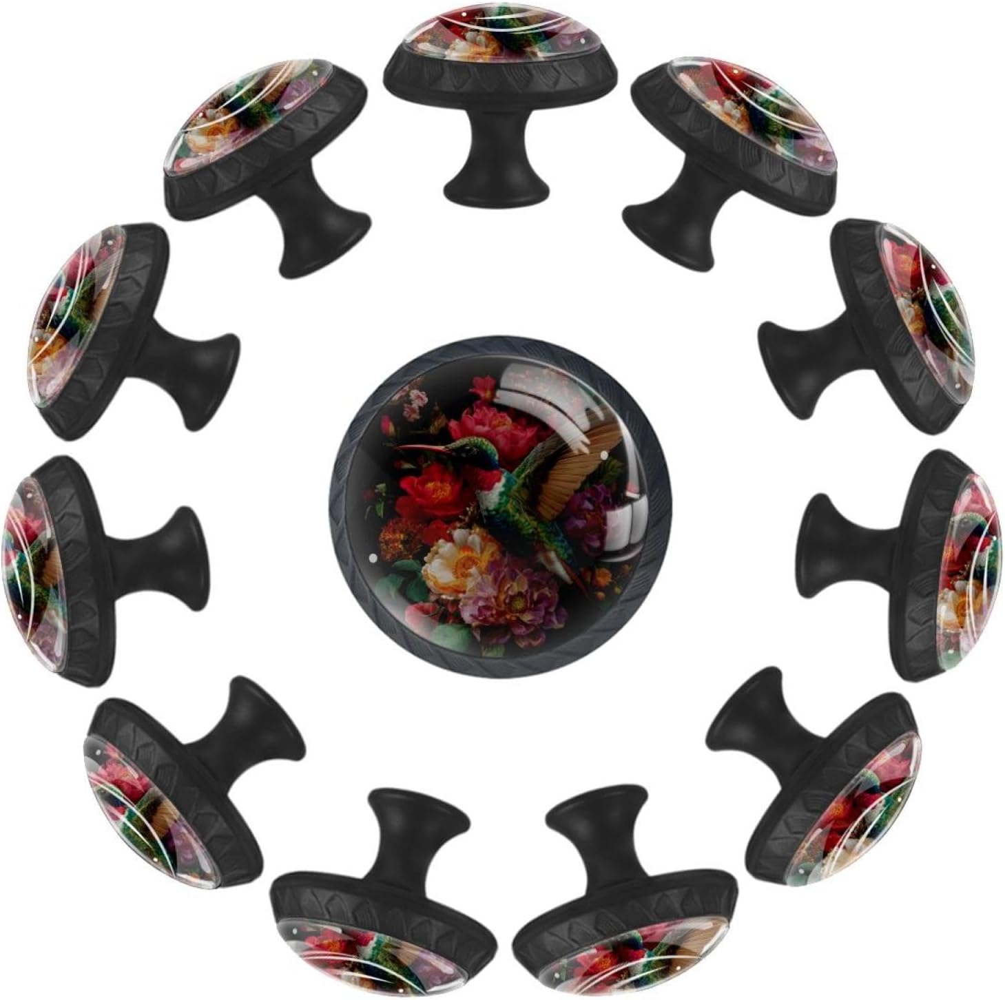 Black Hummingbird and Colorful Floral Furniture Drawer Knobs, Sturdy Cabinet Pulls with Long and Short Screws