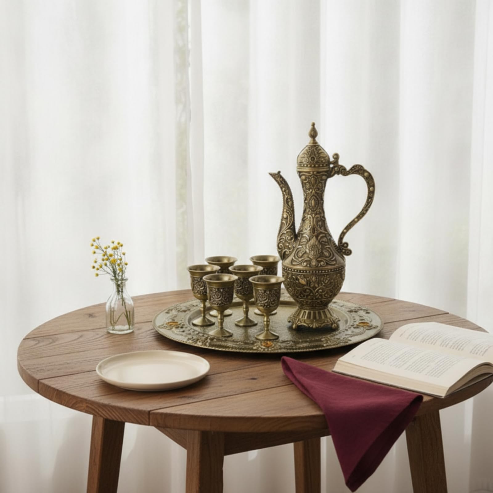 Set di Servizio Liquori Tradizionale Caraffa Brocca Bicchieri Vassoio in Metallo con Dettagli Floreali in Rilievo E Finitura Antica Adatto per, Rosa Antico Verde