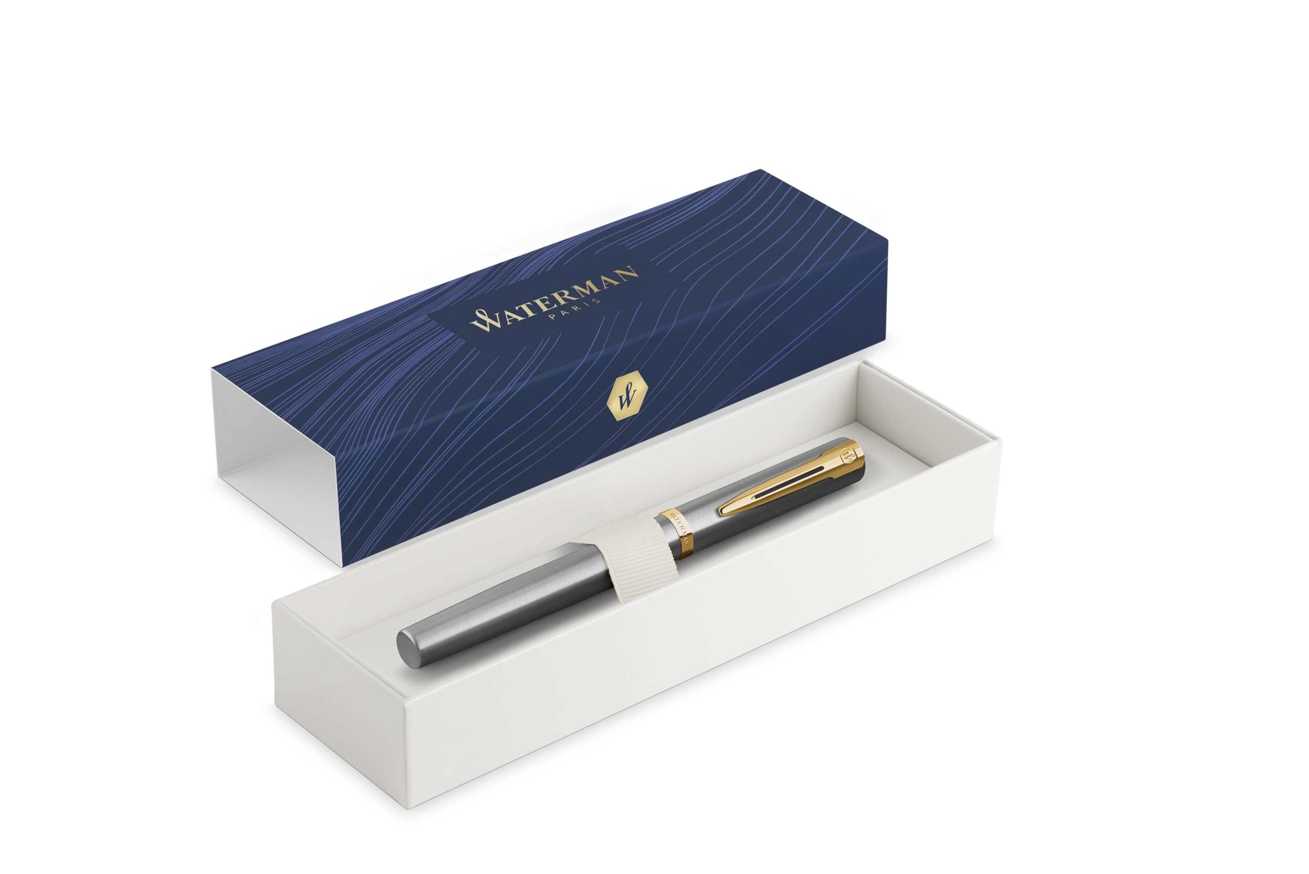 Waterman Impression Füllfederhalter mit Gravur – Personalisierter Premium-Füller – Eleganter Schreibstift Geschenk für Männer & Frauen – Blaue Tinte (Stainless Steel GT)