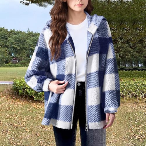 ABABC Girl's Fleece Jacket Zip Up Long Sleeve Fuzzy Fleece Hoodies Warm Fall Winter Hooded Plaid Coats with Pockets2