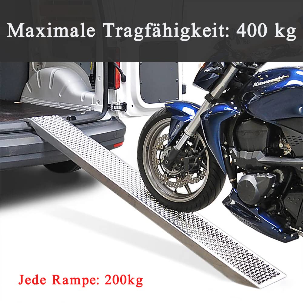 LILIIN 2X Auffahrrampe PKW Verladerampe 400 kg Verladeschiene Verzinkter Stahl Laderampe Anhängerrampe Tragfähigkeit Alu Rampe für Motorrad, Anhänger, Rasenmäher, Rasentraktor (160cm, Silber)