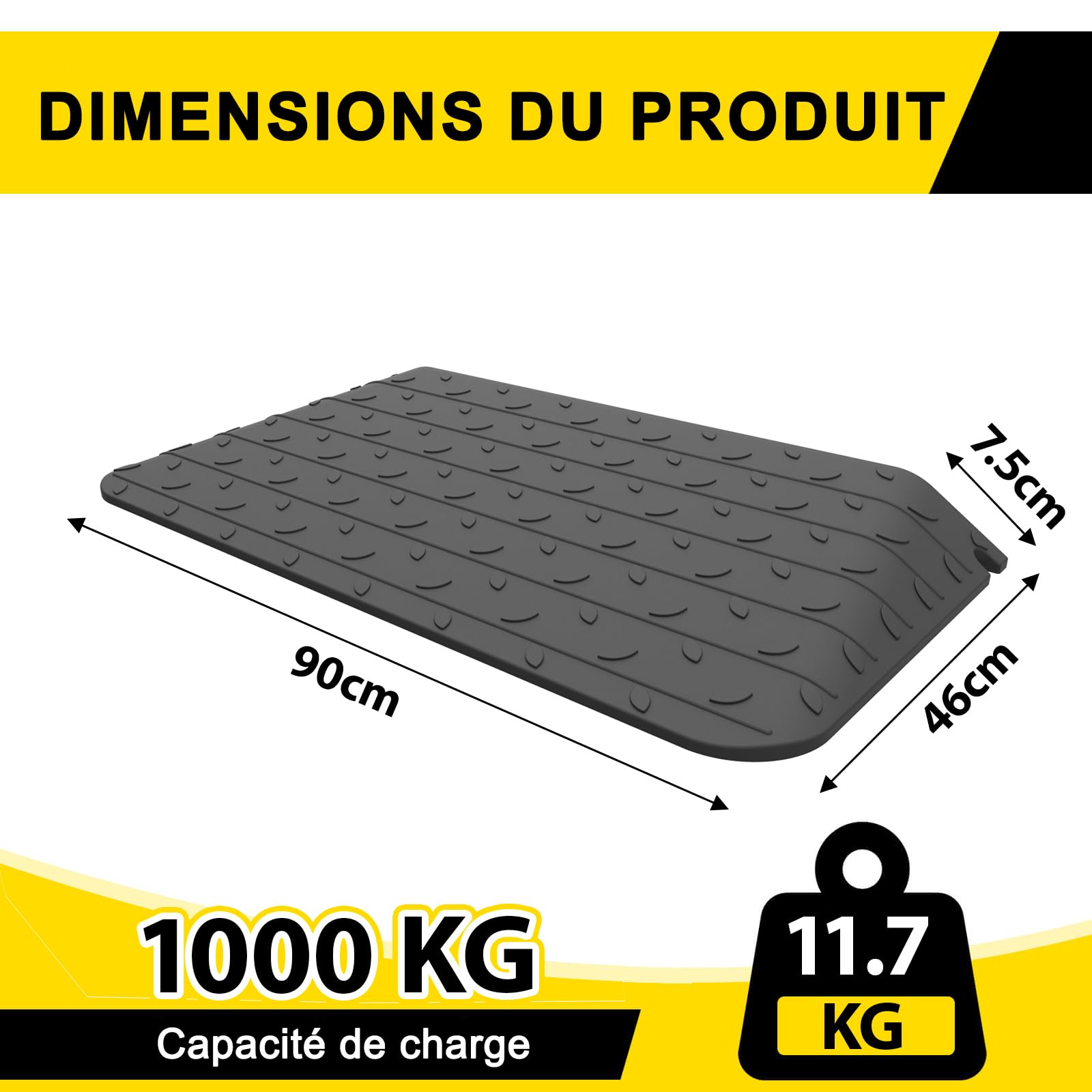 Rampe de trottoir en caoutchouc noir - Rampe de porte pour fauteuil roulant - 90 x 46 x 7,5 cm