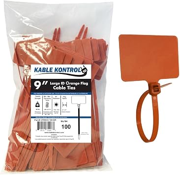 Kable Kontrol Cable Marker Identification Zip Ties 9 Inch 100 Pcs Orange | Large ID Flag Label Straps, Self-Locking Write on Tags for Ethernet, Power, and Cord Labeling