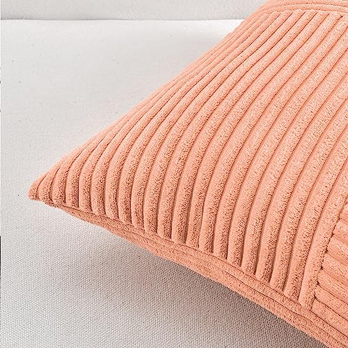 Image of Fancy Homi 2 Packs Peach Samll Decorative Throw Pillow Covers 12x12 Inch with for Couch Bed Sofa, Rustic Farmhouse Boho Home Decor, Soft Corss Patchwork Corduroy Cute Square Cushion Case 30x30 cm