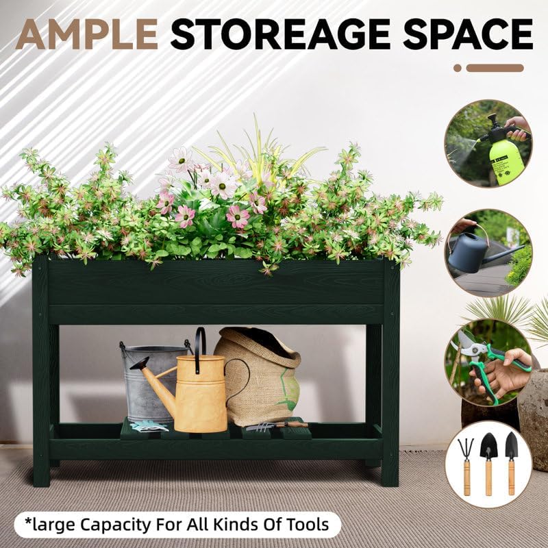 45" HDPE Double-Layer Elevated Garden Bed, Raised Planter Box for Outdoor Patio, Minimizes Bending for Easy Gardening,Dark Green