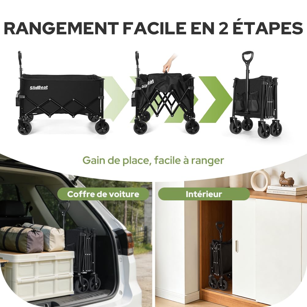 SLIDBEAT Chariot Pliable et Léger - 120L Capacité, pour Camping Courses Jardin Peche, Chariot de Transport Tout Terrain avec Roues 360° Démontables et Toile Lavable (2 Porte-Gobelets)