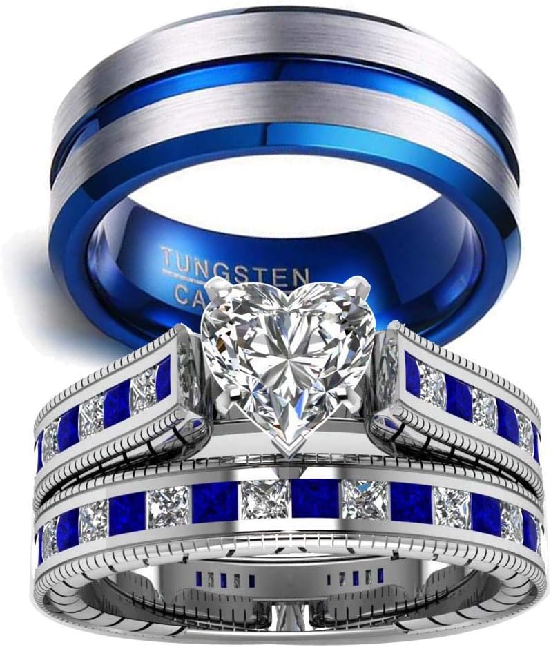 LOVERSRING3pc Two Rings His and Hers Couple Rings Bridal Sets His Hers Women White Gold Filled Heart Cz Man Tungsten Carbide Wedding Ring Band Set