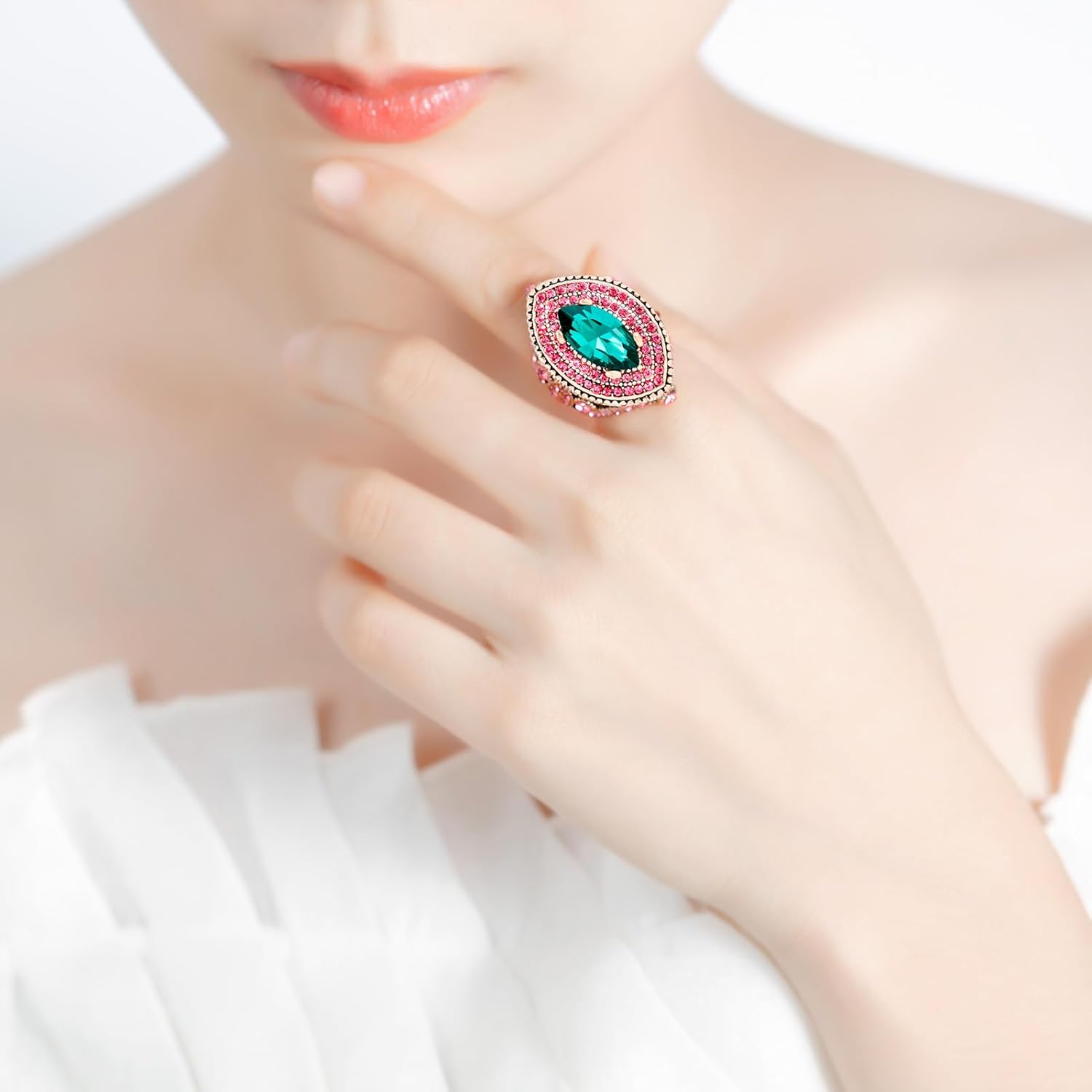 Women Ring - 32mm Big Size Antique Gold Plated Turkish Style Green Pink Gemstone Vintage Ring Women Jewelry J0769GreenPink - Image 5