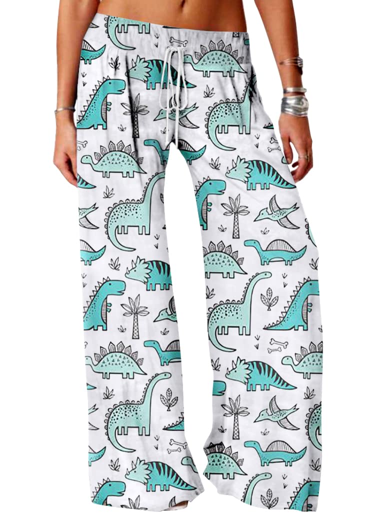 RMCMS Women Cute Dinosaur Print Pajama Pants Wide Leg Lounge Pajama Bottoms with Drawstring