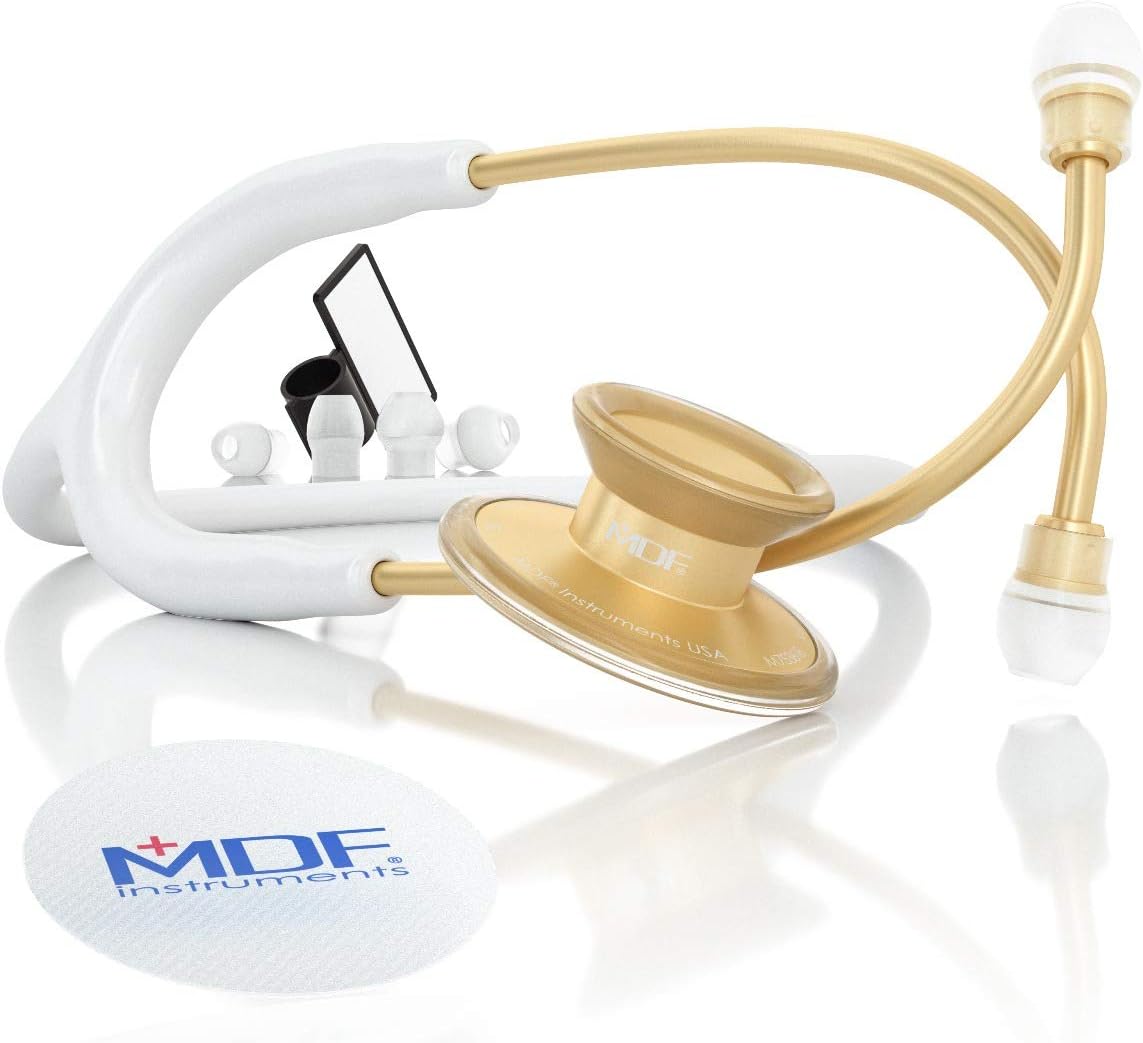 MDF Instruments Acoustica Lightweight Stethoscope for Doctors, Nurses, Students, Gold/White Tube + MDF LUMiNiX Illuminator Medical Professional Diagnostic Penlight