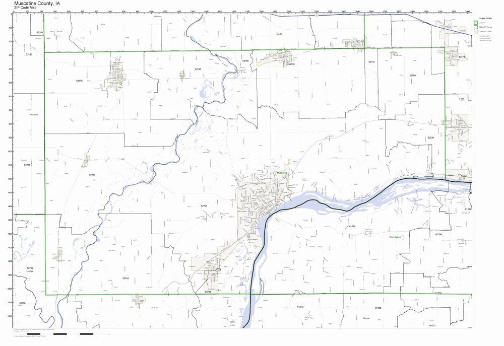 Muscatine County, Iowa IA ZIP Code Map Not Laminated