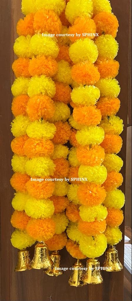 SPHINX Artificial Marigold Fluffy Flowers and Golden/Silver Hanging Bells Short Garlands/Torans/Wall hangings for Decoration Approx 2.5 ft- 15 Flowers per String- (Yellow & Light Orange, 25 Pieces) (B0C7RLK32H) Amazon Price History, Amazon Price Tracker
