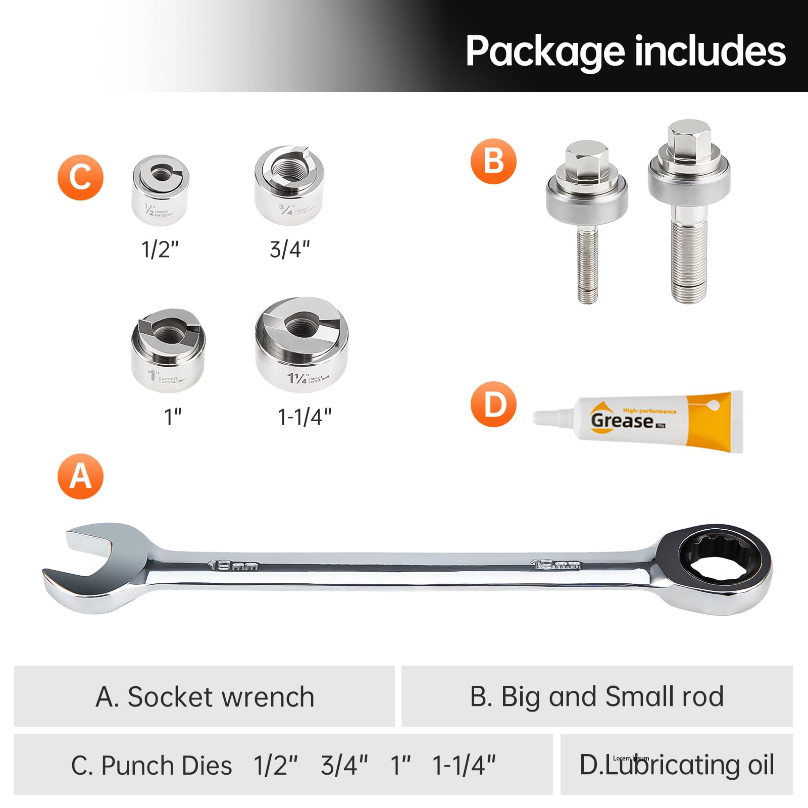 Kit de perforador manual de perforación de 1/2, 3/4, 1 y 1-1/4 pulgadas, juego de herramientas KO con llave, troqueles de perforación para cortador de segundos no se puede utilizar para placa