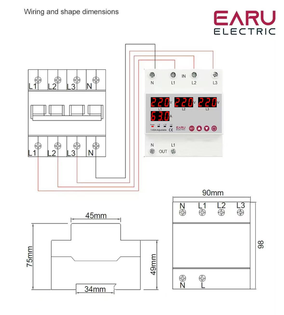 Wiring diagram for EARU Electric 3-Phase ATS showing input and output connections