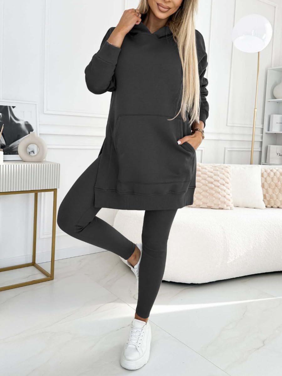 Generico Damen-Sport-Trainingsanzug-Set - felpa con cappuccio con tasche grandi + vita alta, a coste Stretch-Yoga-Leggings set fitness abbigliamento quotidiano