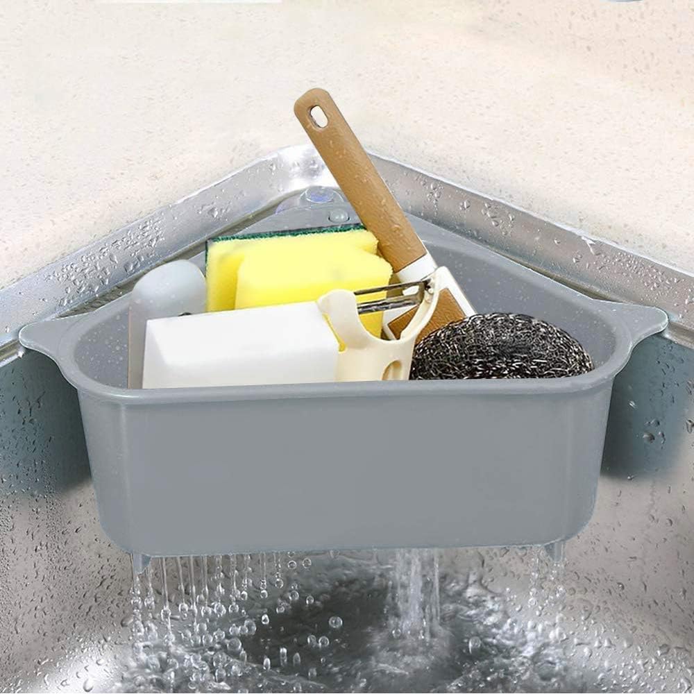 Kitchen Sink Strainer Basket, Sink Drain Strainer Shelf Triangular Sink Basket Multifunctional Drain Shelf Sink Storage Rack Sucker Holder for Kitchen Bathroom Support Corner (Gray)