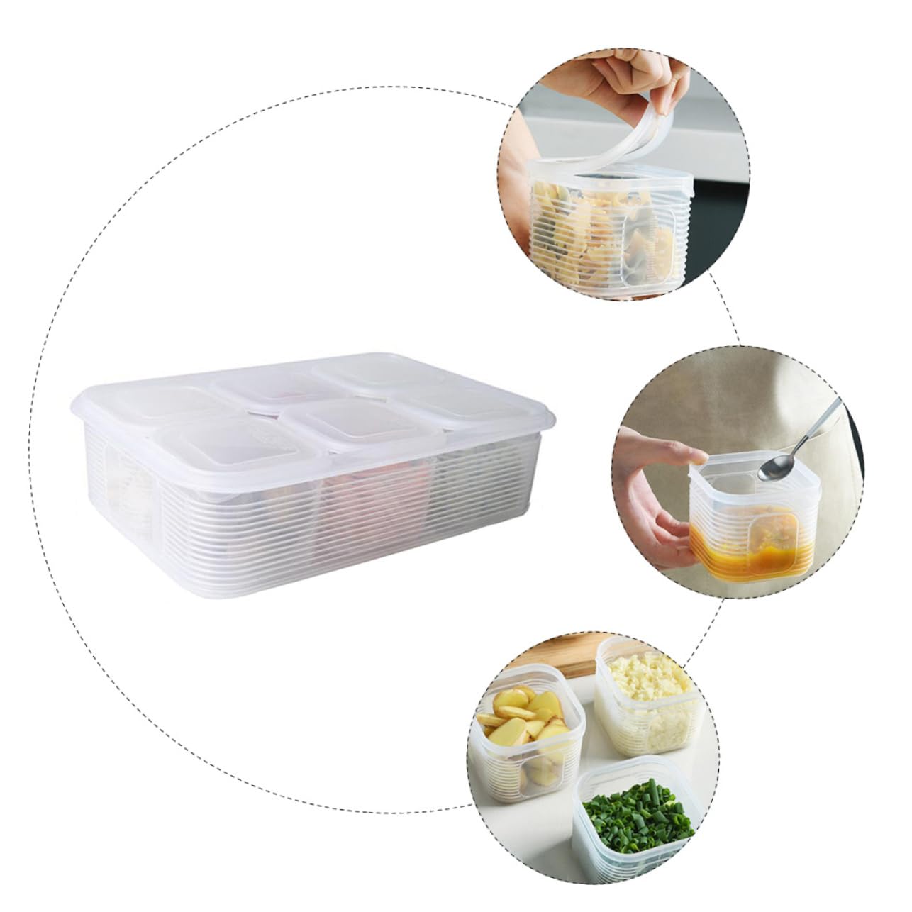 Zerodeko Set 7 Pezzi Contenitori Alimentari Quadrati in Plastica | Bianco, Coperchi Inclusi, Freezer Safe e Microonde, Struttura Visibile per Frutta e Verdura