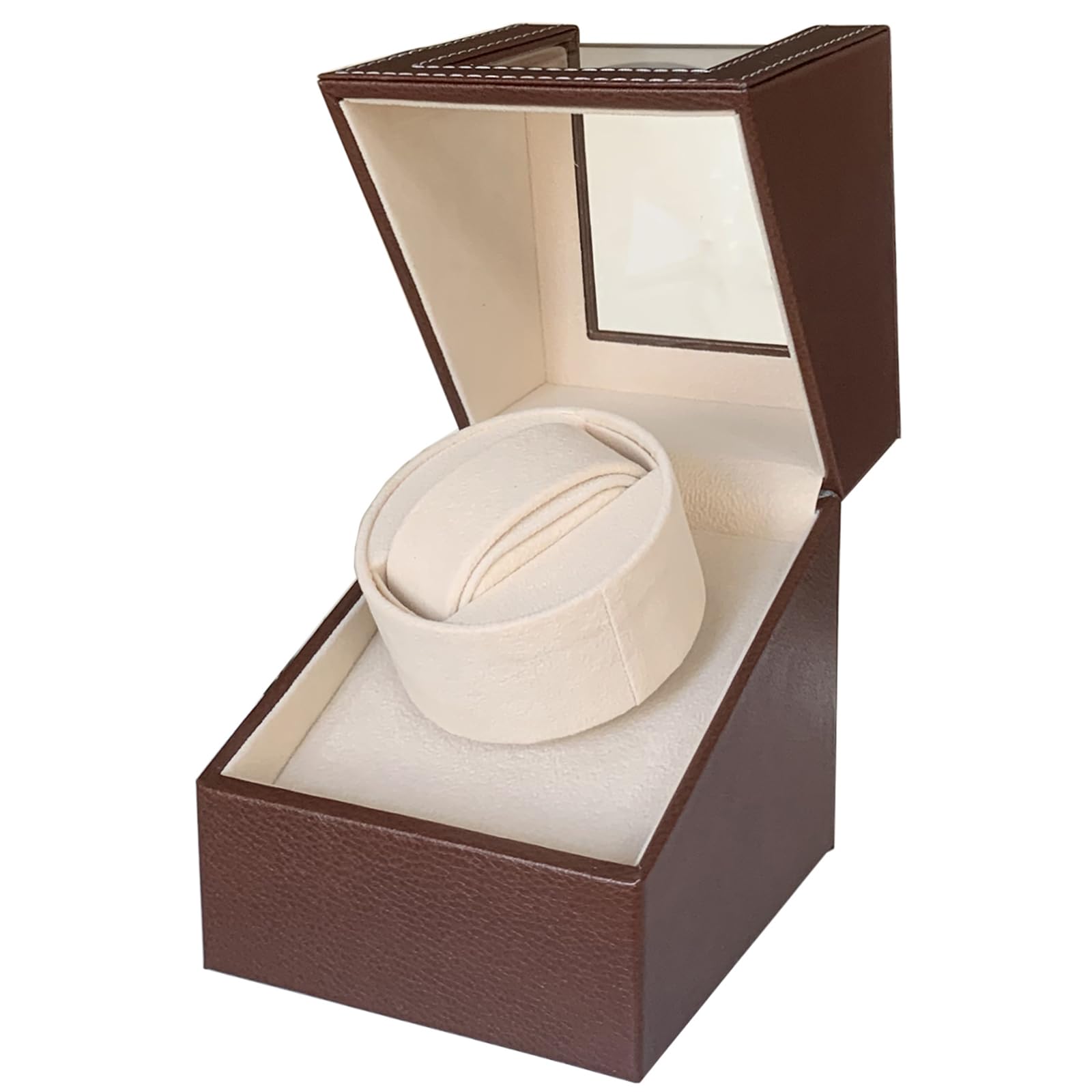 Single Watch Winder for Automatic Watches, Super Quiet, in Wood Shell and Black Leather/Carbon Fiber Leather, Japanese Motor