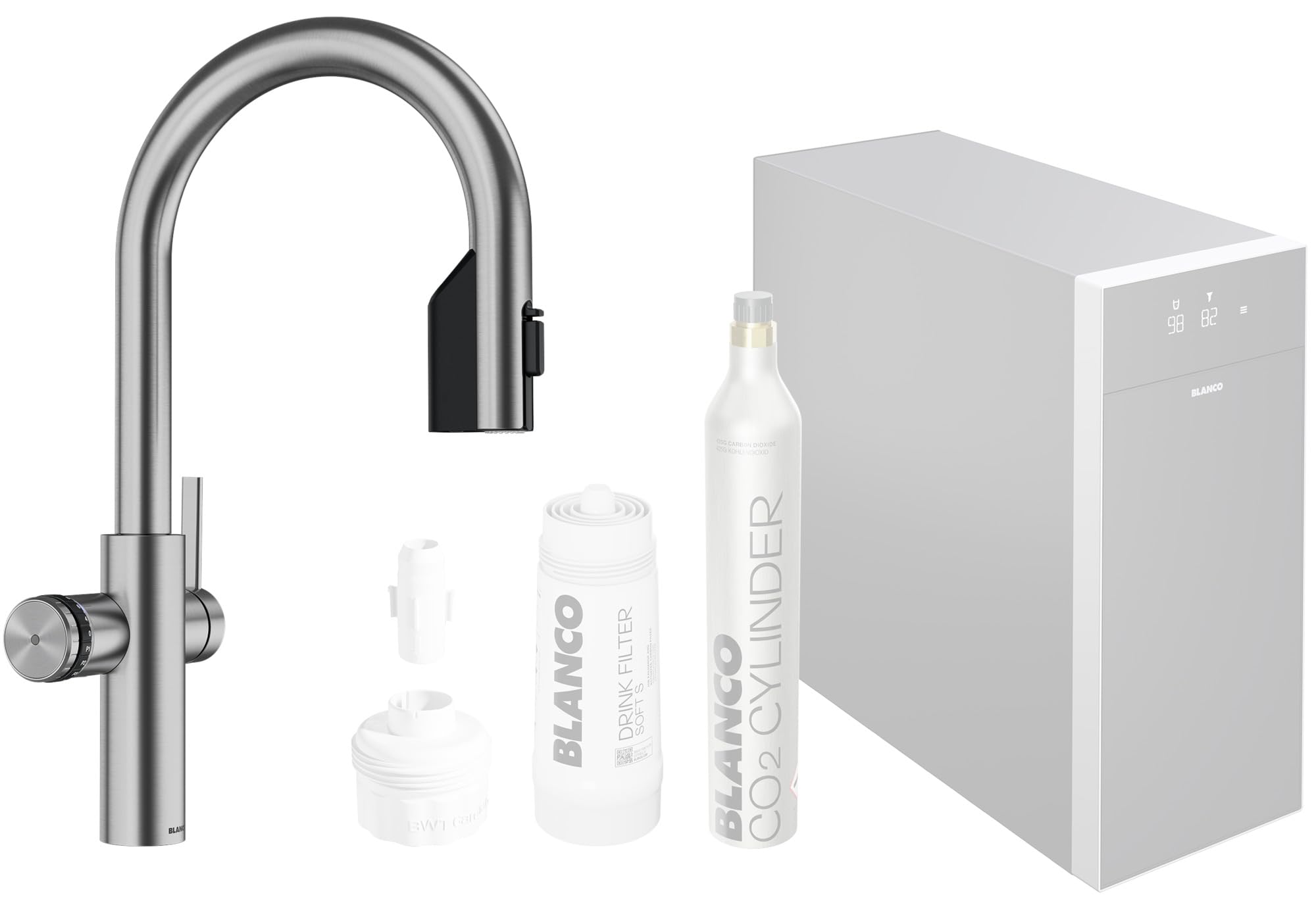 BLANCO CHOICE Icona-C | armatura kuchenna all-in-one z masywnej stali nierdzewnej | bez jednostki uzdatniania wody CHOICE.ALL| schłodzona woda w stanie niegazowanym, średnim, gazowanym i gorącym | [16