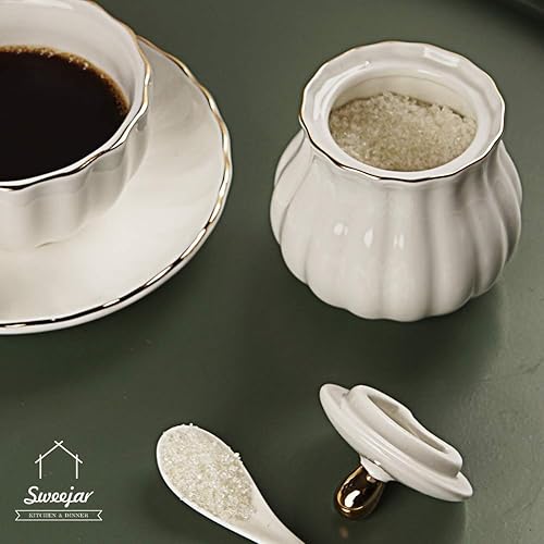 Miniatura 55 de Sweejar Royal Ceramic - Recipiente de azúcar de 8 onzas con cuchara y tapa, recipiente de sal de porcelana para sal, soporte para azúcar