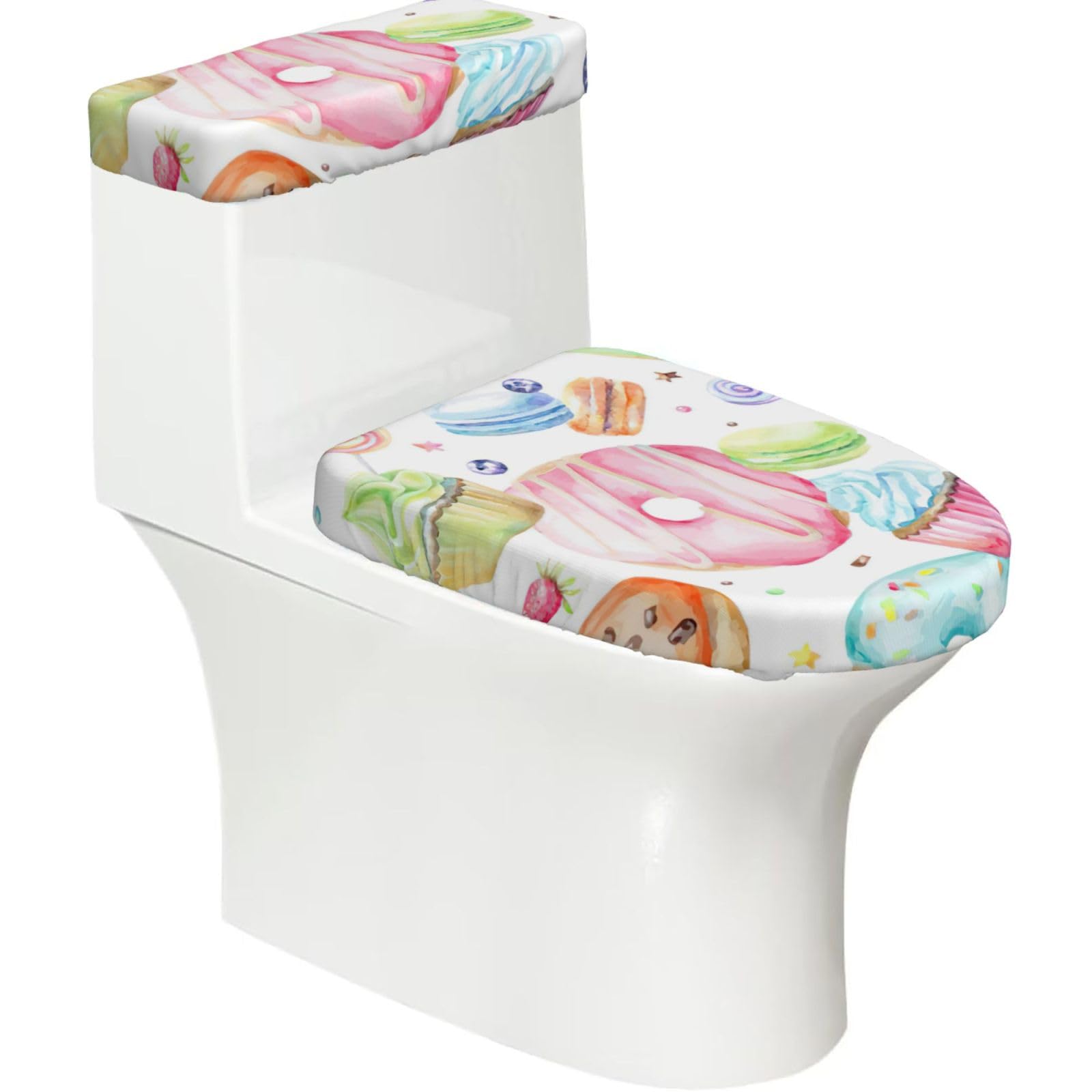 Cupcakes Donuts Muffins Sugar Print Stretch Toilet Covers Set, Polyester Covers Replacement For Fits Most Size Lids Bathroom Decor