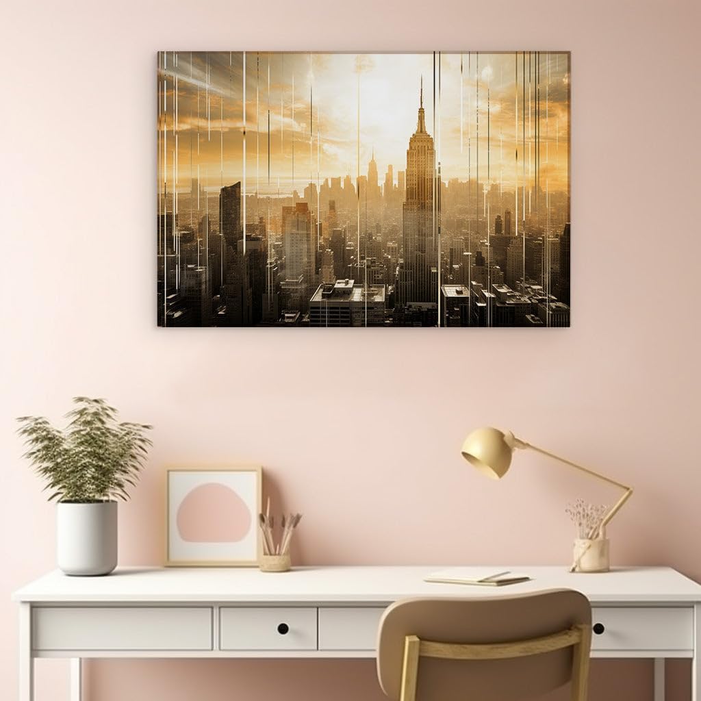 Canvas for Living room. Golden Twilight Over Manhattan � Capturing New York City's Skyline in the Magic Hour, 27 x 18 inch Canvas Wall Art - Ready to Hang