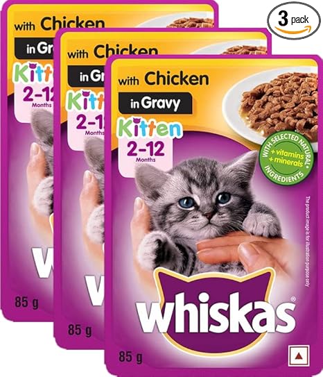 Whiskas Wet Food for Kittens (2-12 Months),Chicken in Gravy Flavour, 85g (PACK OF 3) Unique|