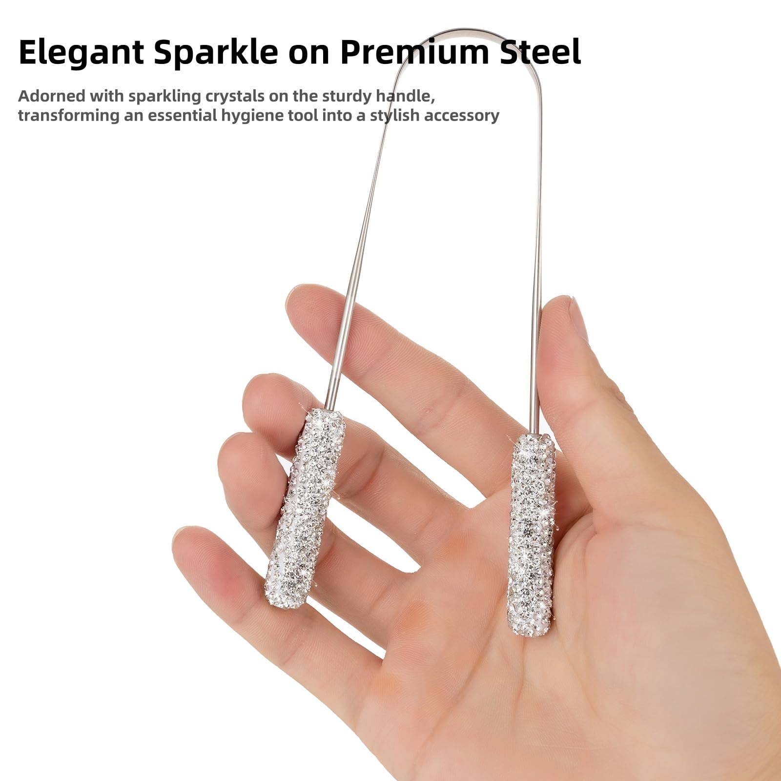 Rascador de lengua brillante de metal para adultos y niños, limpiador de lengua de acero inoxidable con diamante para cuidado e higiene bucal (blanco)