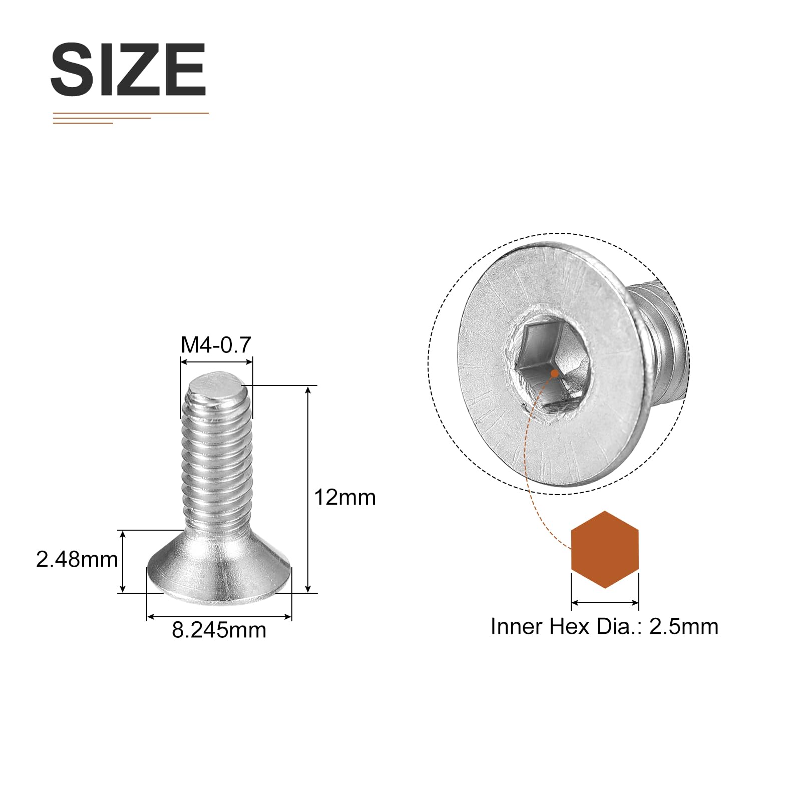 DTGN M4-0.7 x 12mm Flat Head Socket Cap Screws, 100 Pack 304 Stainless Steel Hex Socket Flat Head Screws, Full Thread - Image 2