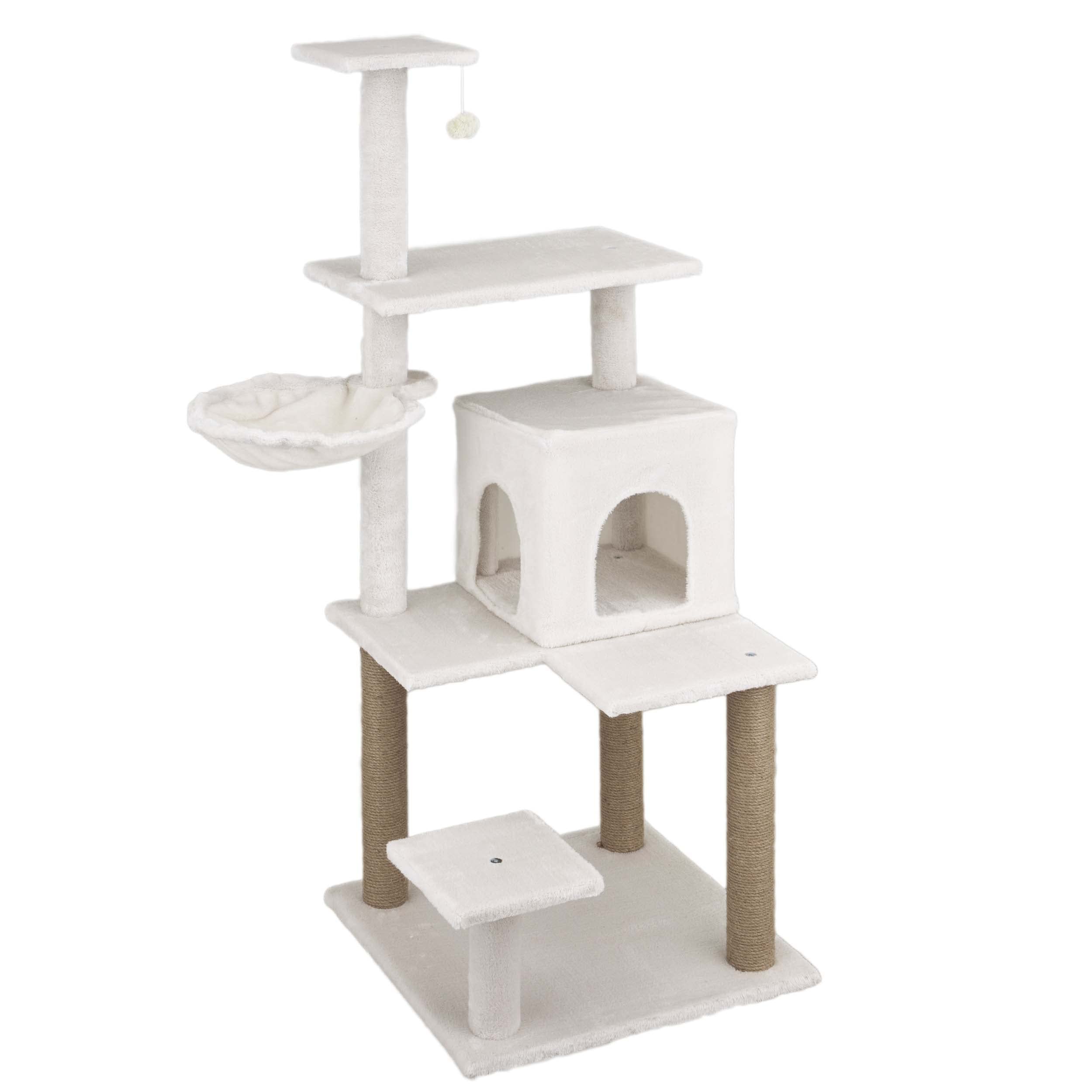 Baroni Home Árbol Rascador para Gatos, Árbol Rascador para Gatos y Gatitos, Árbol Rascador de 4 Pisos con Pelota, Hamaca y Perrera Rectangular, 75x55x125 cm, Crema