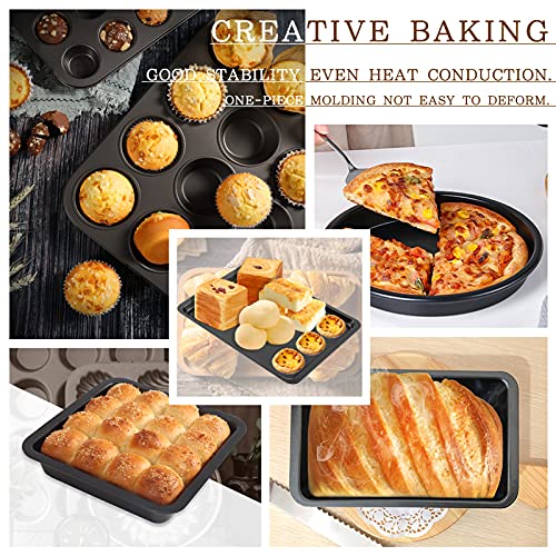 5Pcs Flmoutn Non-Stick Carbon Steel Oven Bakeware Baking Tray Set With Bread Pan, Cookie Sheet, Pizza Pan, Cake Pan And Muffin/Cupcake Pan For Cooking #TOP4