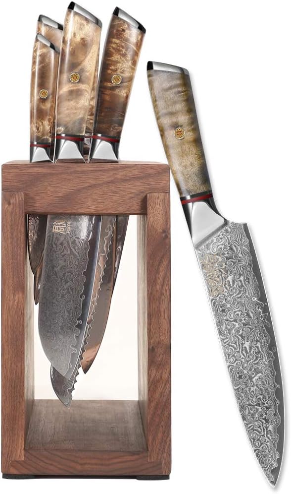 Kitchen Damascus Knife Set Japanese VG-10 Steel Knives Block Set Shadow Wood Handle for Chef Knife Set High Carbon Core Stainless Steel Full Tang Kitchen Knife Set with Block (8 Piece)