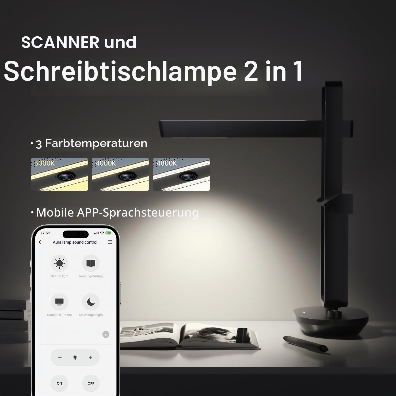 CZUR 14MP Buchscanner Faltbarer, Tragbar Dokumentenkamera, Dokumentenscanner mit OCR, für Windows und macOS, Scan bis zu A3, als LED Tischlampe mit 4 Farbe 6 Helligkeitsstufen (Aura Pro)