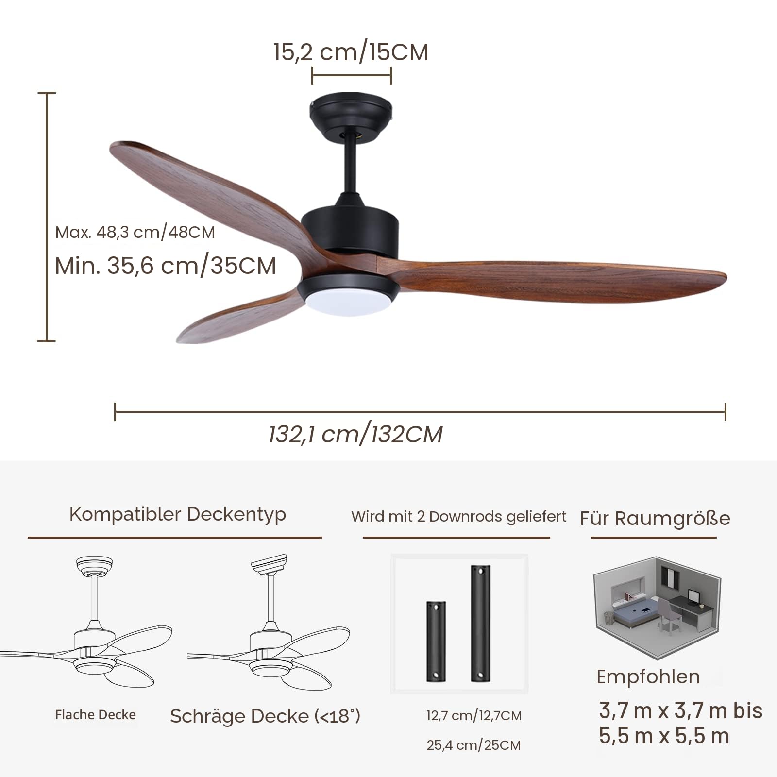 Ovlaim 132cm Walnuss Holz Deckenventilatoren mit Beleuchtung Fernbedienung | 3-Blatt-Propeller Smart Deckenventilator für Indoor Outdoor, hoher Luftstrom leiser DC-Motor